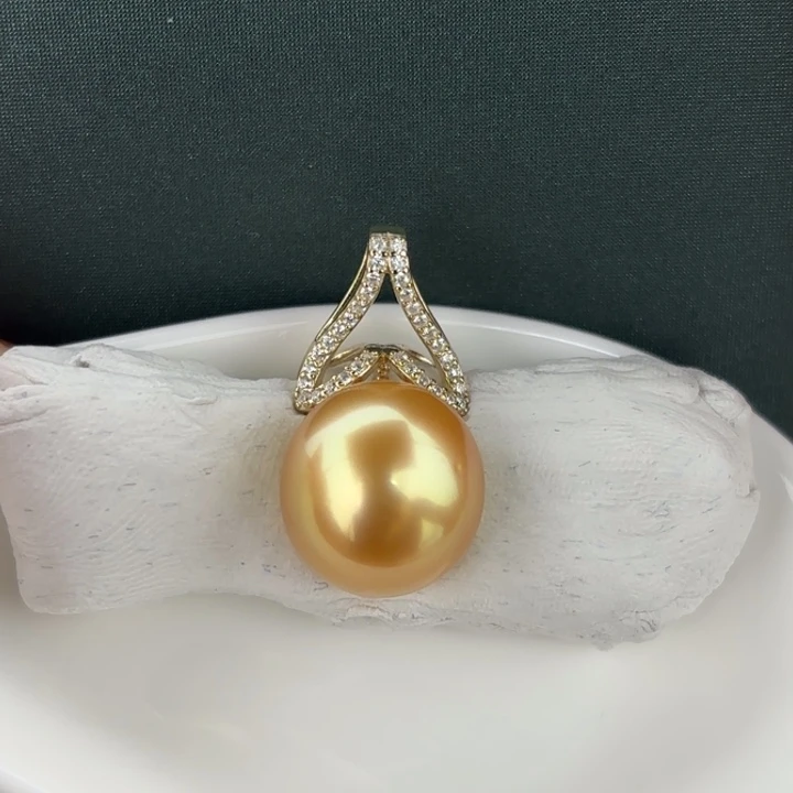 定制海水珍珠银S925镶嵌吊坠(不含链)13.4mm金珠人鱼款一颗