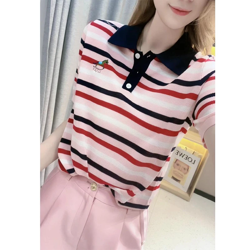 韩版时髦小马刺绣短袖针织衫女2025年夏季新款条纹撞色打底上衣潮
