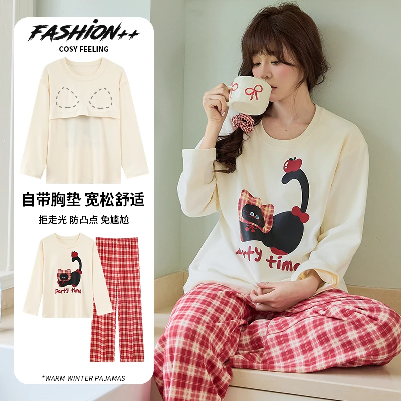 公主风睡衣女精梳棉春秋长袖大码带胸垫红格黑猫套装可外穿家居服