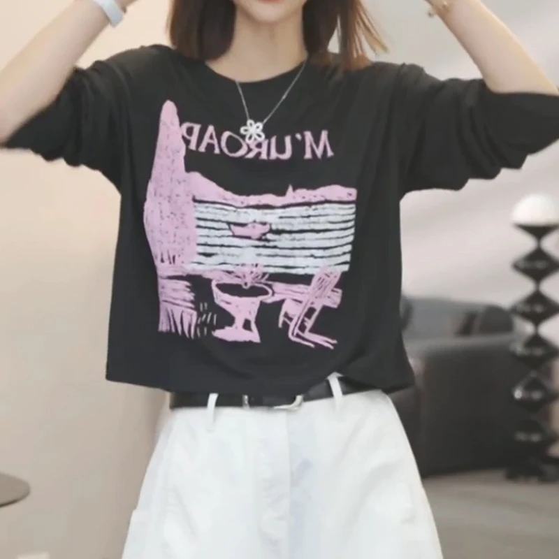 印花白色防晒长袖t恤女2025新款夏季薄款空调罩衫宽松慵懒短上衣