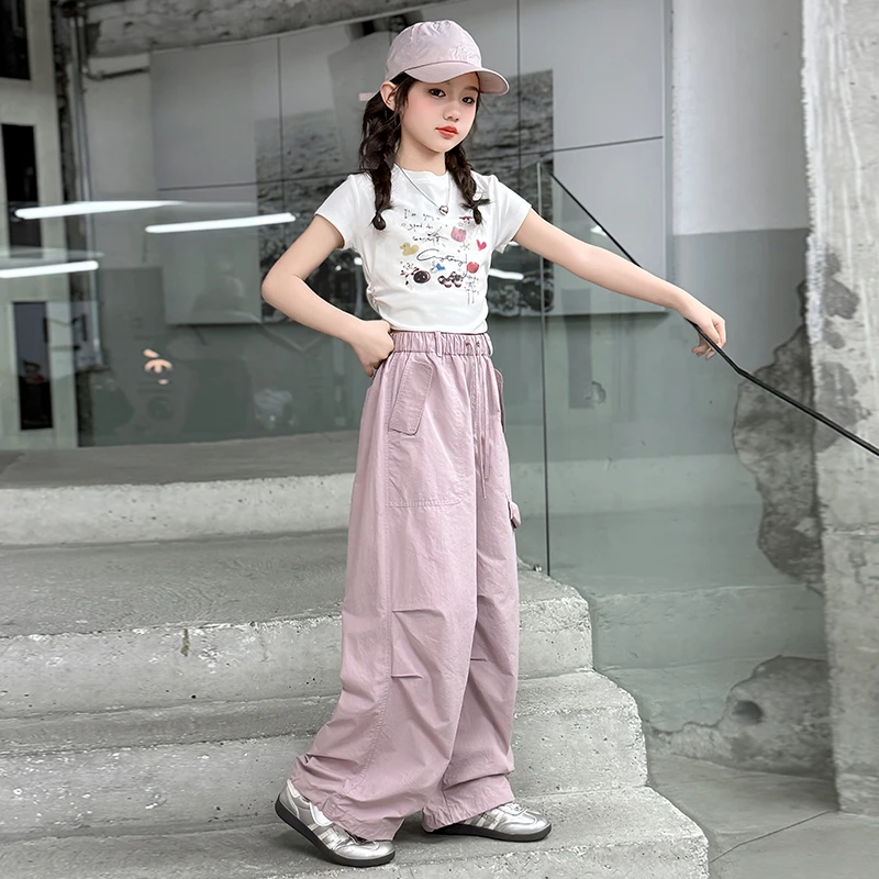 女童工装裤春夏款2025新款儿童休闲裤女孩洋气时髦薄款直筒防蚊裤