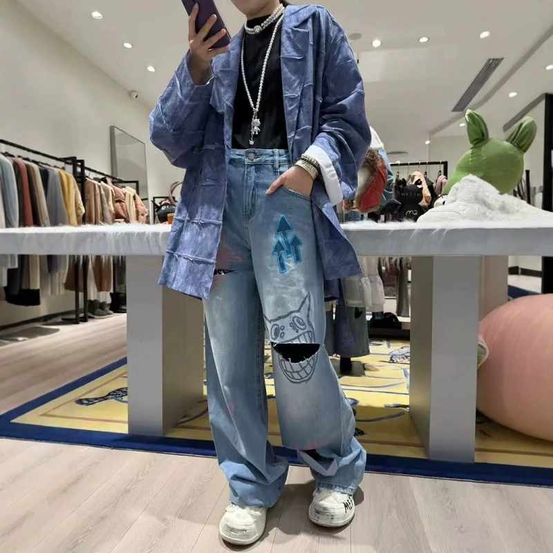 【粉色涂鸦小怪兽破洞牛仔裤】设计师款2025春高腰