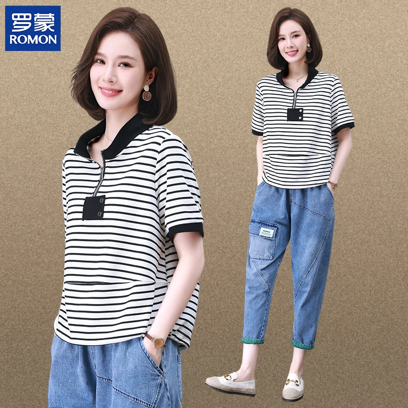 罗蒙洋气妈妈装夏季套装棉质条纹小衫新款中老年女装透气两件套