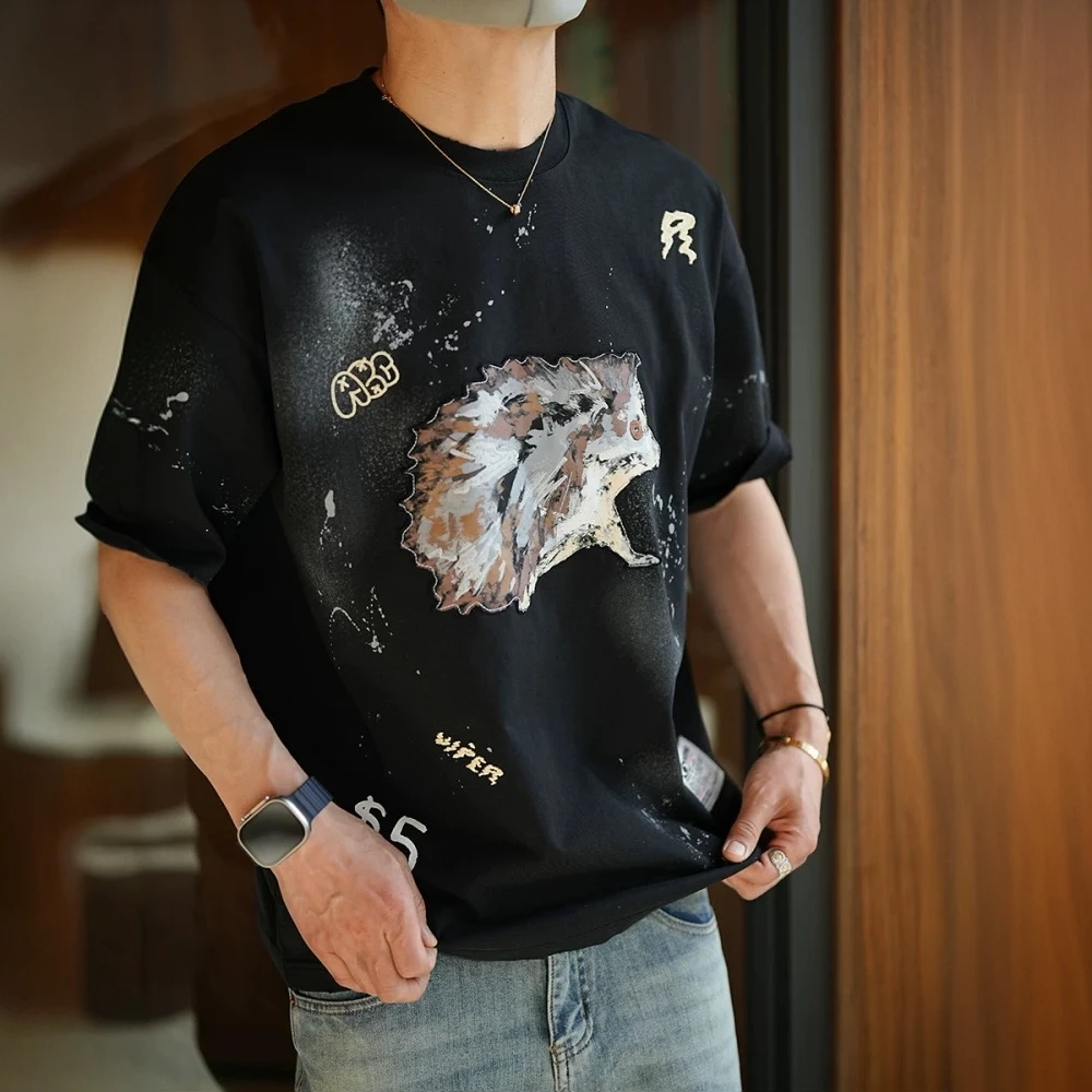美式高街重磅手绘动物涂鸦短袖t恤潮男夏季新款潮牌个性泼墨半袖