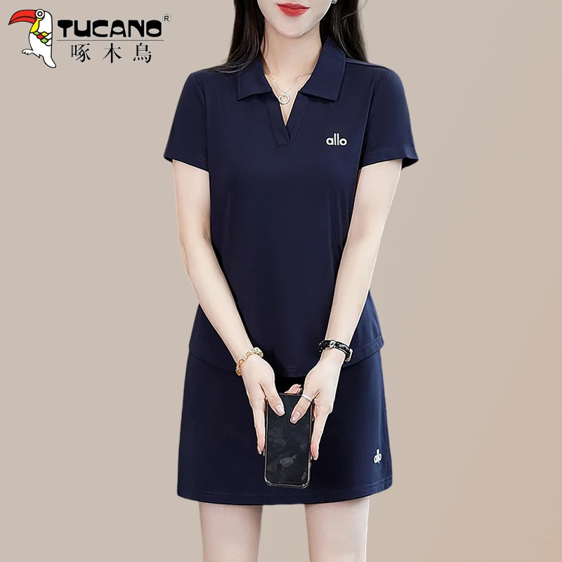 啄木鸟休闲运动服套装女2025新款夏季宽松休闲翻领短袖短裤两件套