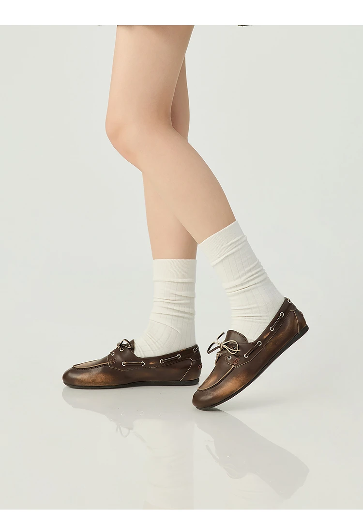 深呼吸女鞋 复古做旧擦色牛皮单鞋平底鞋AX11168