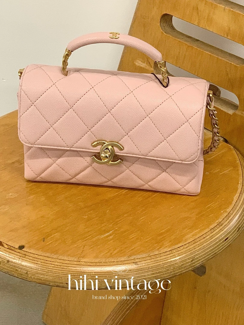 99新 Chanel/香奈儿 23S浅粉色金扣carry me手柄荔枝皮口盖包二店