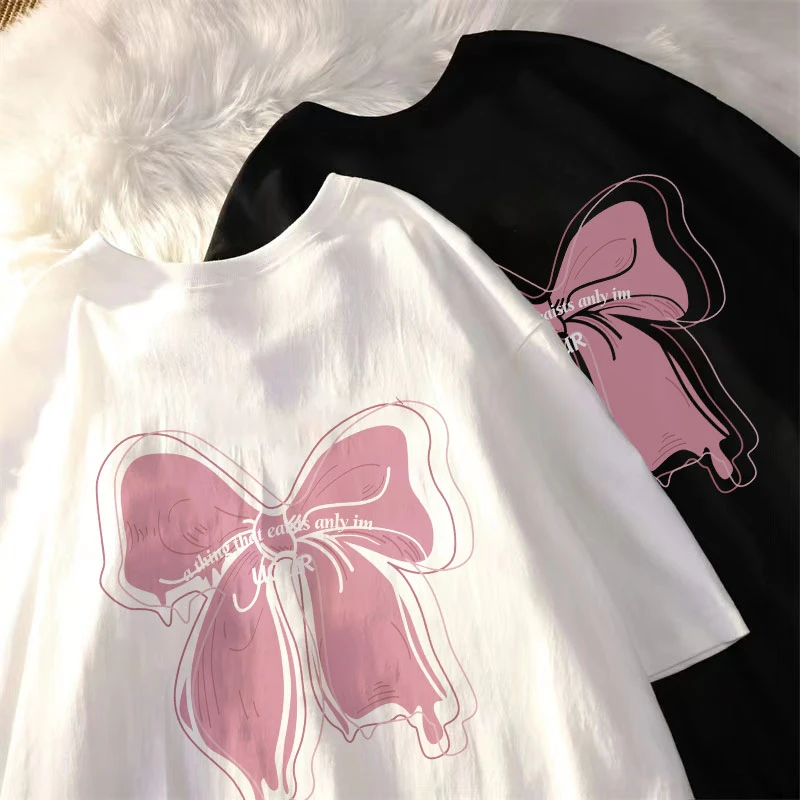 纯棉童装女童短袖T恤夏蝴蝶结百搭宽松圆领学生少女白色小众印花