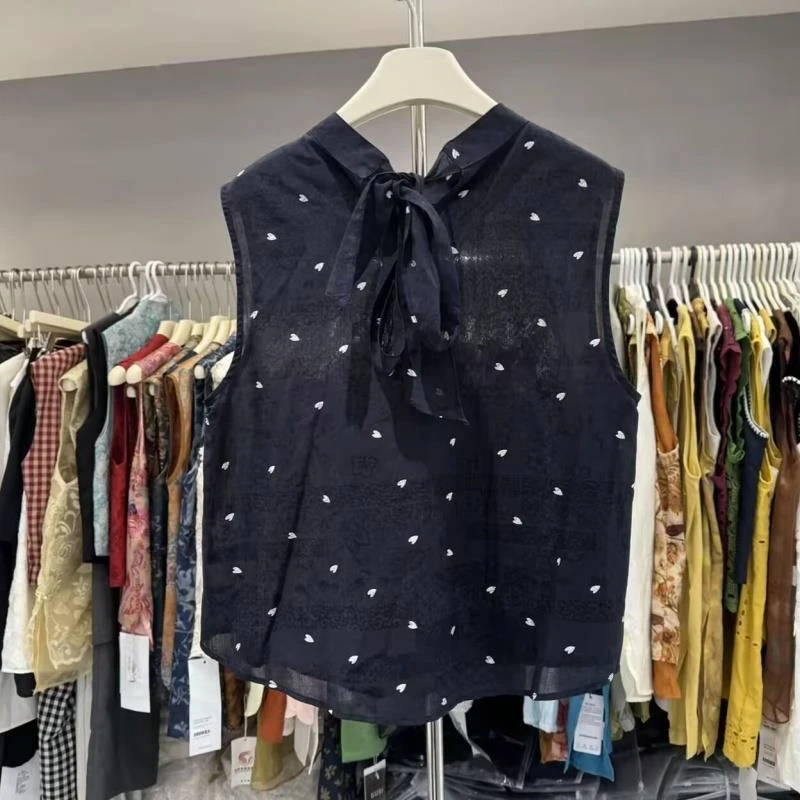 2025夏季新款女士复古百搭爱心印花圆领无袖衬衫宽松休闲透气上衣