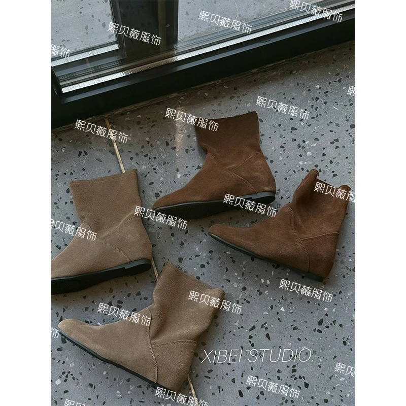 熙贝薇2 森系复古磨砂牛皮内增高气质百搭勃肯短靴 G5163