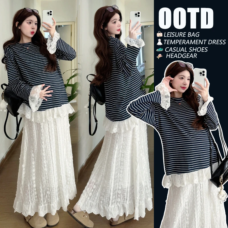 春装新款韩版孕妇装条纹T恤长袖上衣+半身裙气质蕾丝套装洋气裙子