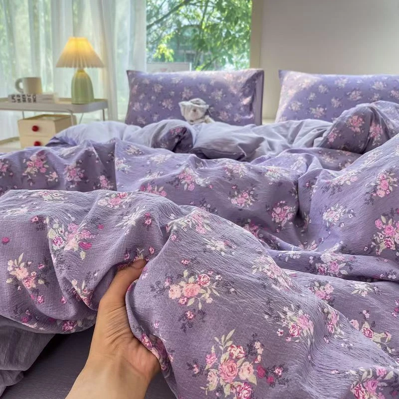 【普罗旺斯】新款韩版木棉皱皱双层纱四件套柔软透气亲肤被套JJL