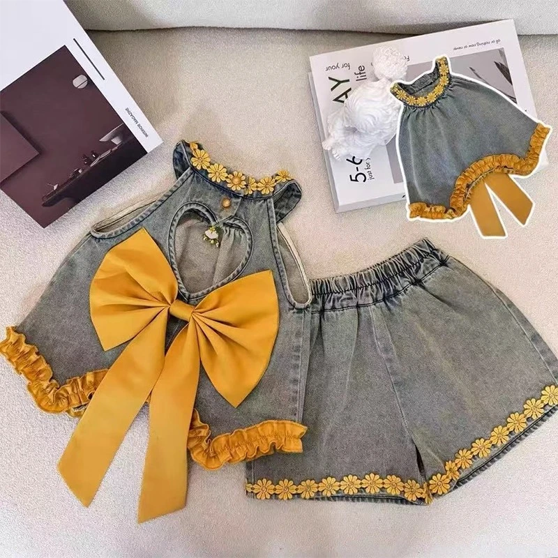 女童牛仔套装夏季2025新款潮儿童夏装女孩挂脖背心短裤两件套洋气