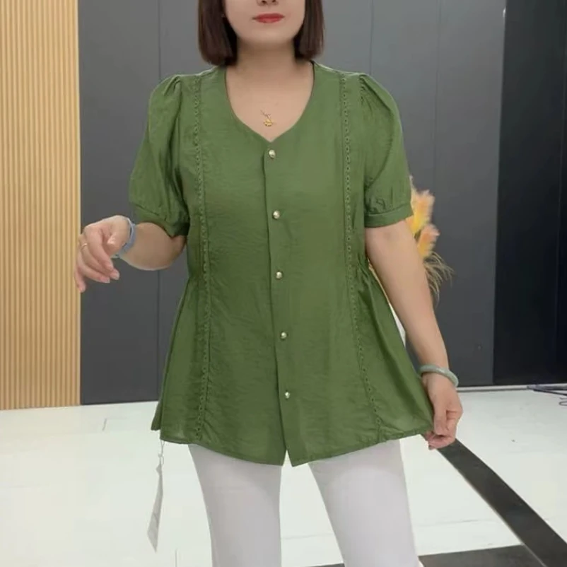 梦梦家8615款时尚洋气显瘦夏季v领收腰半袖衫