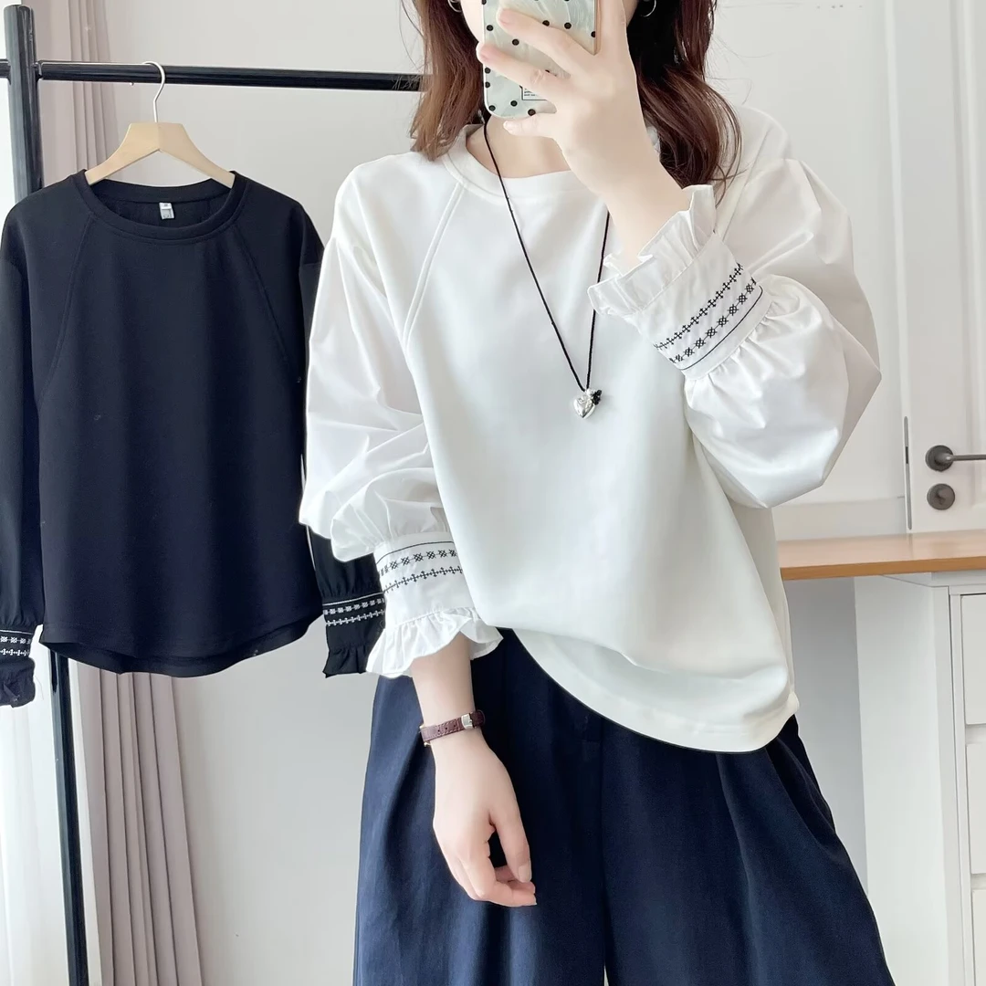 大码胖mm2025秋季新款时尚刺绣拼接显瘦遮肚长袖t恤打底衫女2582