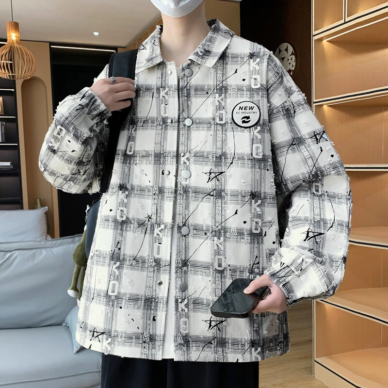 2025春秋季新款衬衫男生休闲宽松长袖衬衣外套潮流秋装帅气上衣服