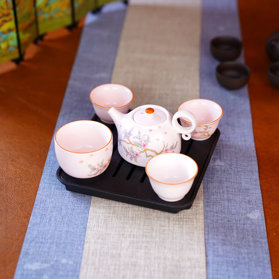 粉色汝窑壶开片可养陶瓷盖碗高档功夫茶具泡茶壶一壶四杯017