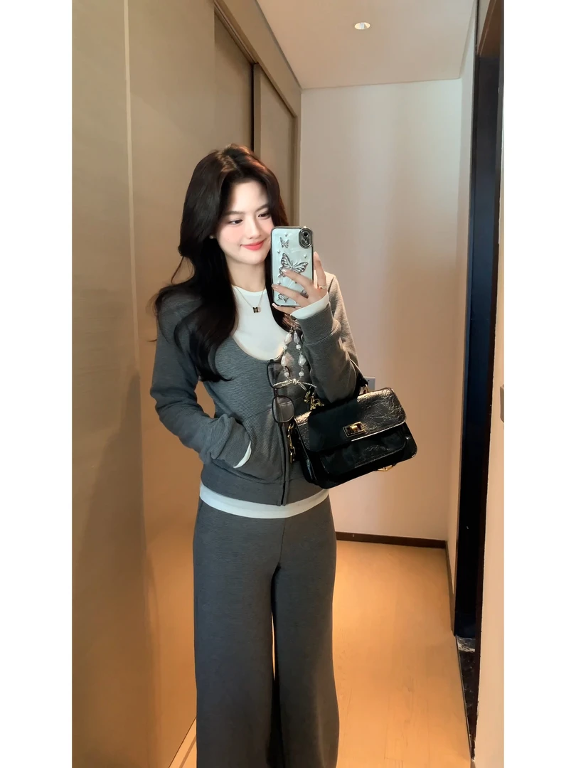 【肉肉】条纹开衫外套女春季2025新款休闲韩系阔腿裤微透打底衫套装