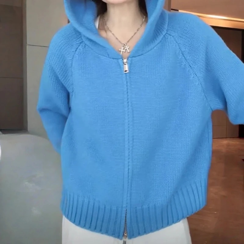 韩版连帽双拉链开衫女2025秋冬新款网红洋气软糯外穿针织毛衣外套
