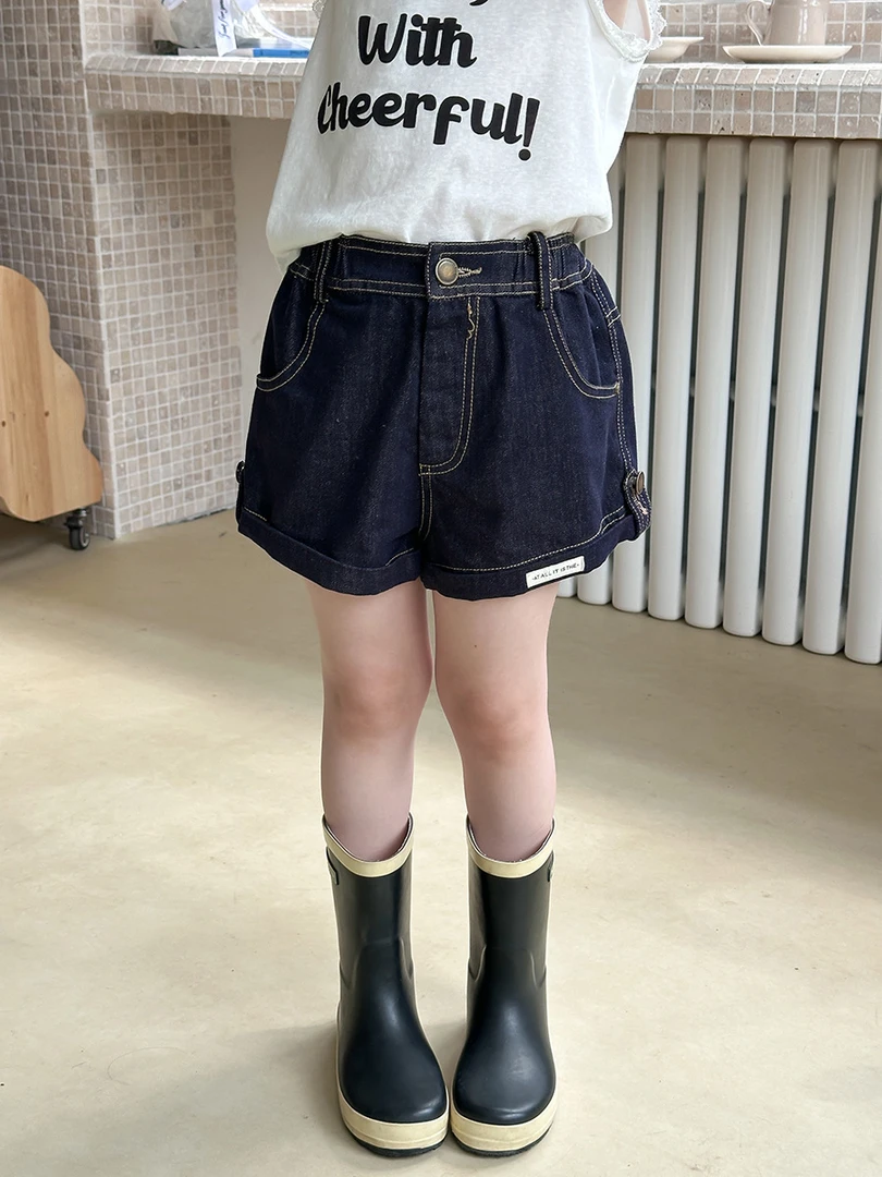 【新品】女童贴标卷边牛仔短裤夏季百搭时髦三分热裤25B063