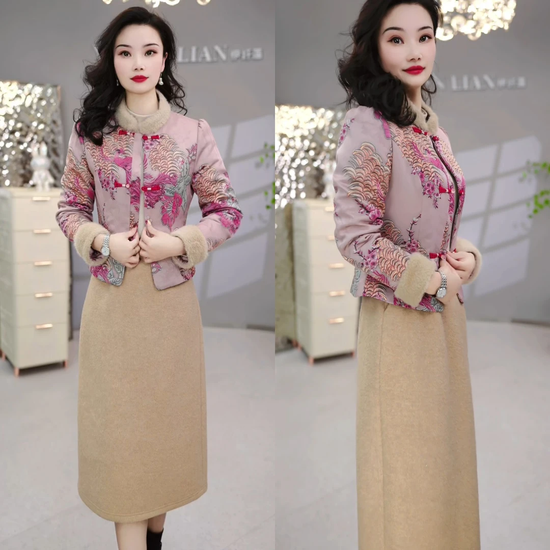外套+连衣裙 2024冬季国风时尚气质减龄显瘦套装连衣裙M-4XL