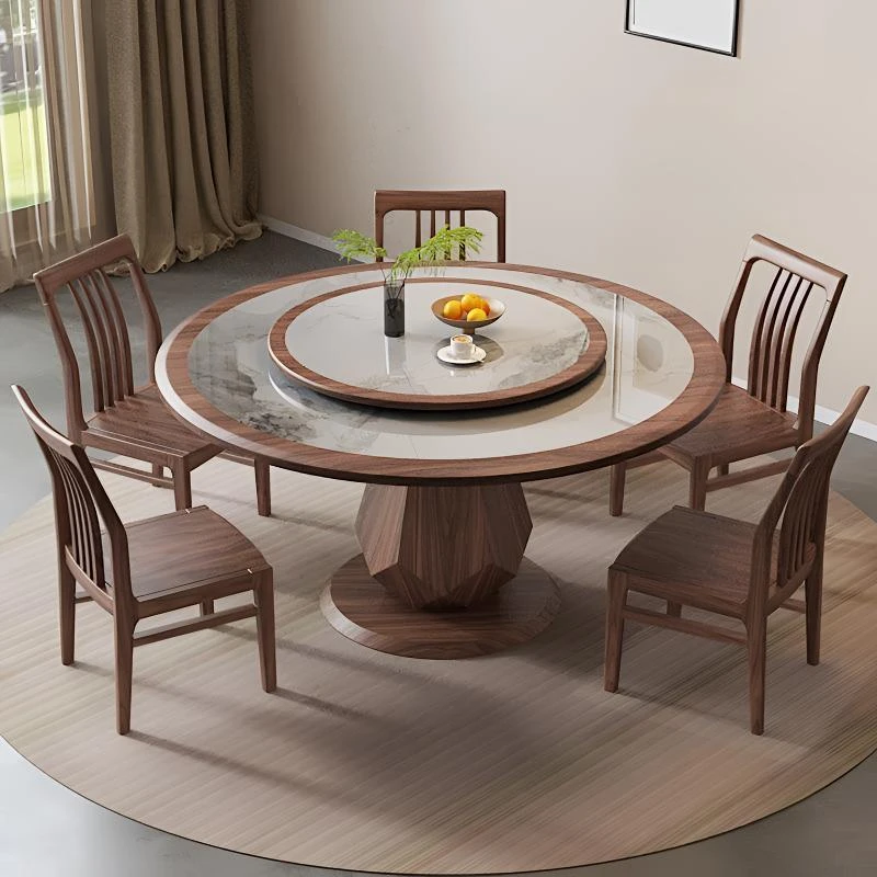 全实木岩板餐桌新中式家用黑胡桃圆桌带转盘别墅会所餐厅吃饭桌子