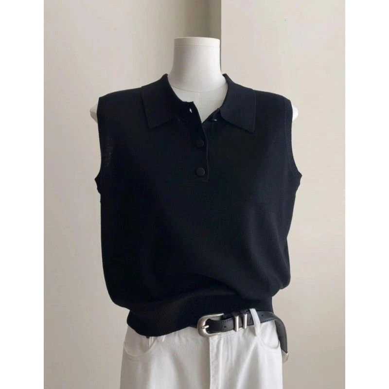 2025夏季女装时髦洋气polo领无袖坎肩背心上衣薄款设计感针织衫