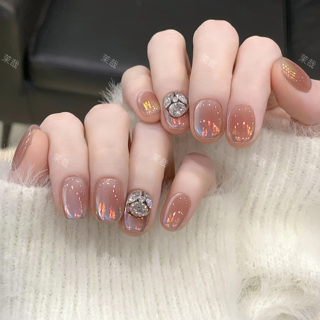 茉哉现货【粉雾极光】纯手工定制美甲拆卸穿戴甲A4057 【12甲】