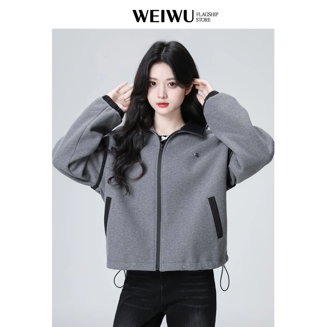 覆古灰色翻领外套女秋季2025春秋新款宽松拉炼休闲夹克开衫上衣潮