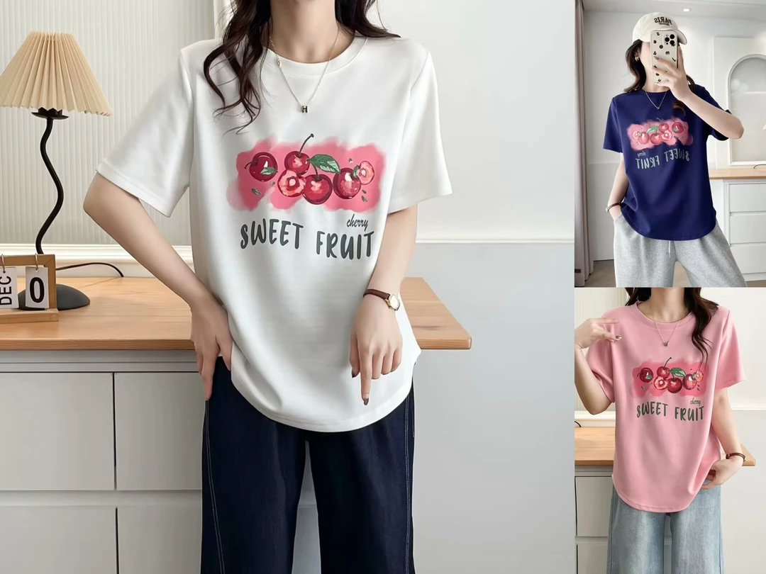 大码设计感印花圆领正肩短袖t恤女夏季新款胖mm宽松显瘦内搭上衣