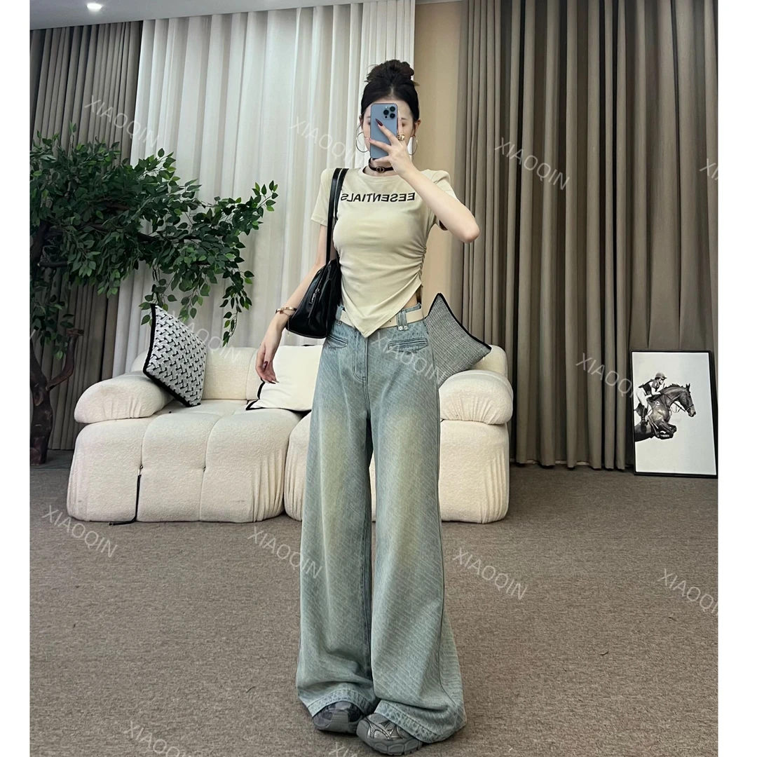 XIAOQIN【白桦牛仔】直筒浅色牛仔裤女宽松春提花夏季阔腿裤251739