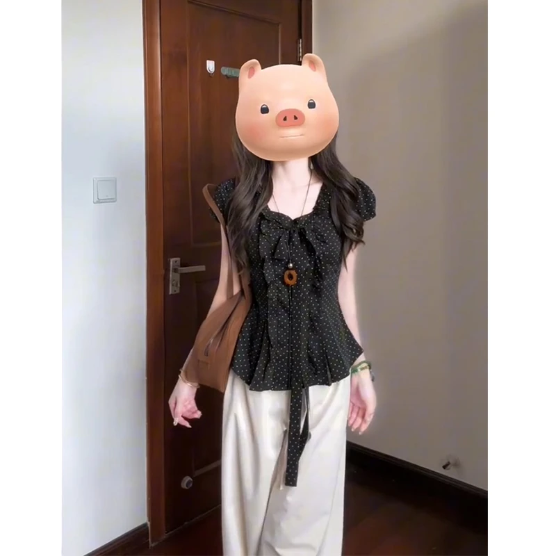 韩系复古波点上衣2025夏季新款女百搭显瘦气质花边系带短袖衬衣