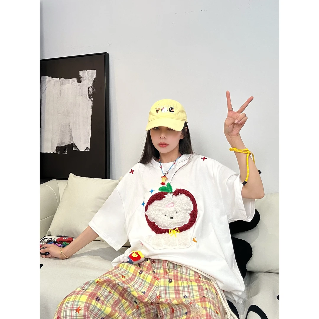 【苹果狗狗】280克重磅精梳棉刺绣贴布绣狗短袖T恤宽松情侣男女同款