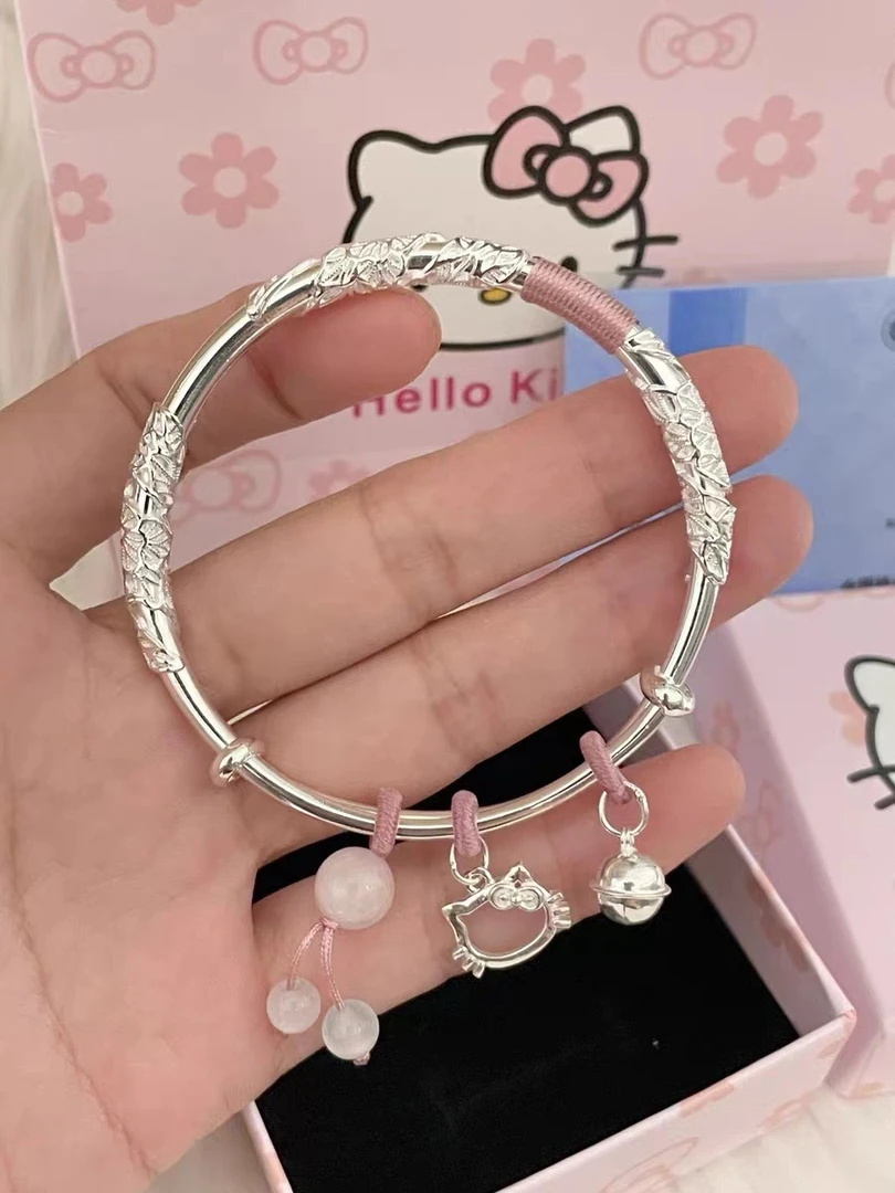 足银手镯 9999手镯繁花似锦KT猫实心纯银镯子百搭调节礼物送女友