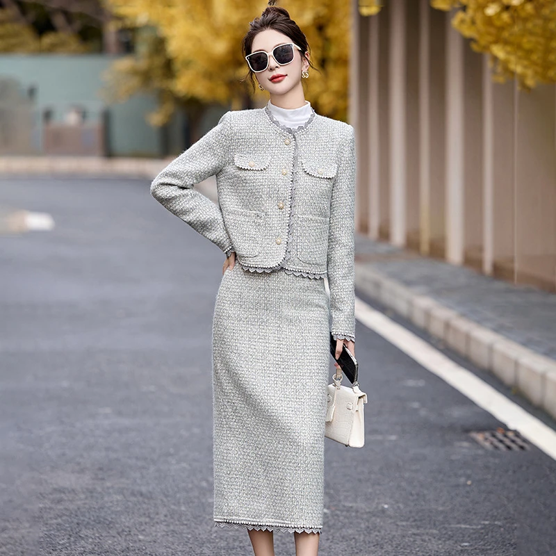 秋冬套装小香风显瘦气质裙子毛呢冬季连衣裙套装女装长袖秋季少女