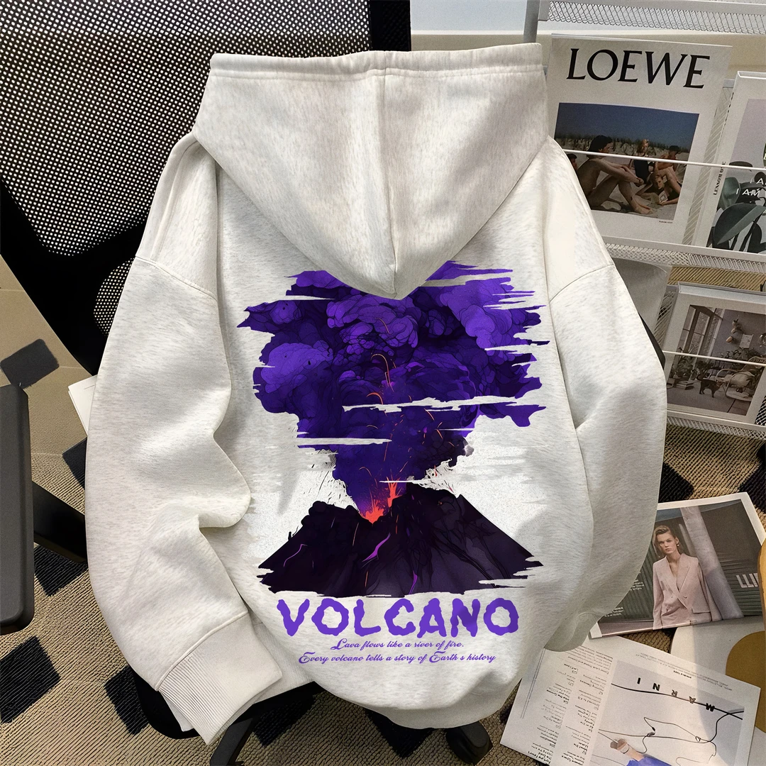 重磅连帽卫衣男生加绒美式潮牌火山印花宽松型情侣秋冬季帽衫外套
