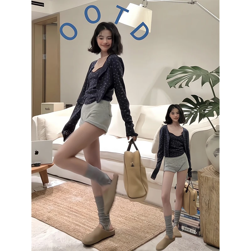 2025秋季新款碎花吊带背心短款开衫上衣两件套短裤女外穿休闲裤子