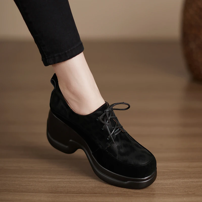 小个子手工女鞋7.5cm~复古英伦风厚底松糕高跟单鞋豹纹系带小皮鞋