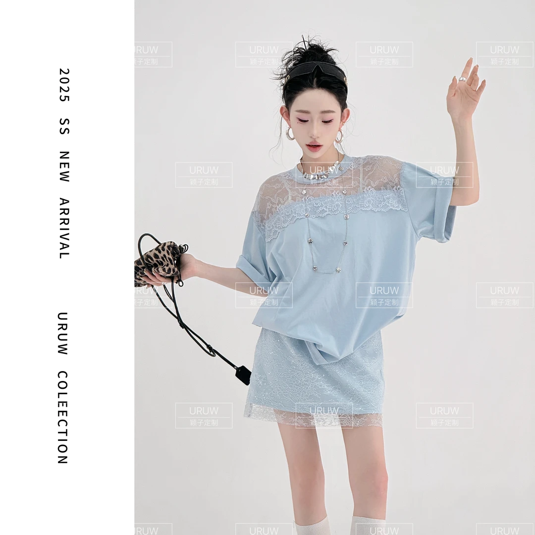 【颖子定制】迷雾花园~设计感蕾丝拼接上衣微透宽松纯色T恤上衣9113