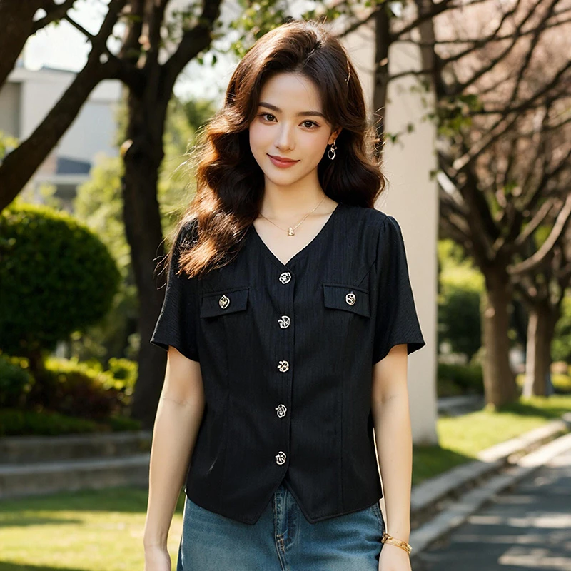 奢姿大码女装2025夏季气质V领衬衫胖妹妹假口袋时尚小香风上衣