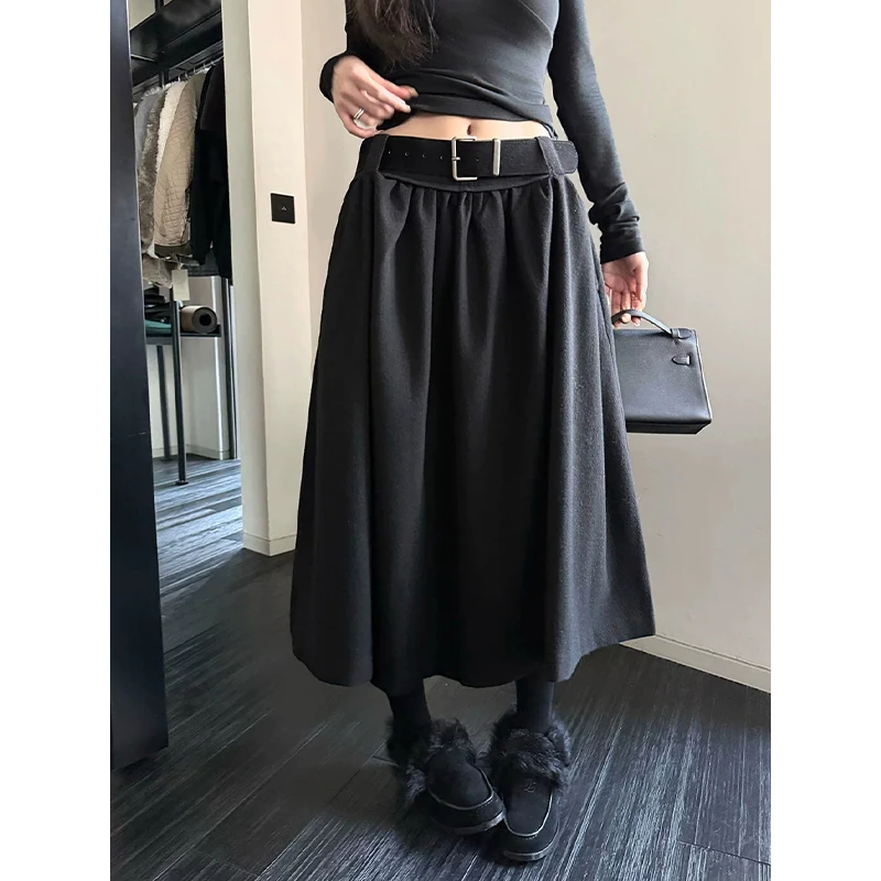 耶古赫本风黑色毛呢中裙女秋冬新款高腰捏褶宽松显瘦垂坠感半身裙