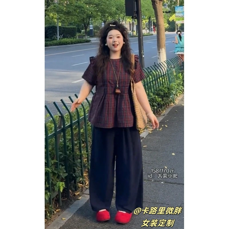 大码韩系复古休闲百搭格子法式短袖套装女