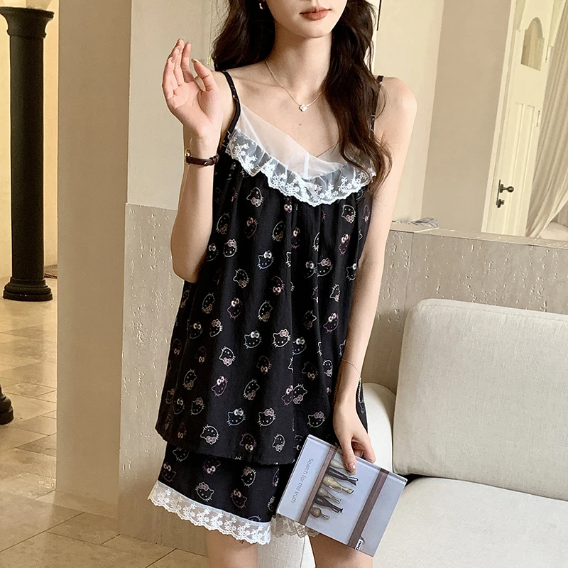 卡通吊带睡衣女款夏季2025年新款黑色网红带胸垫可外穿家居服套装