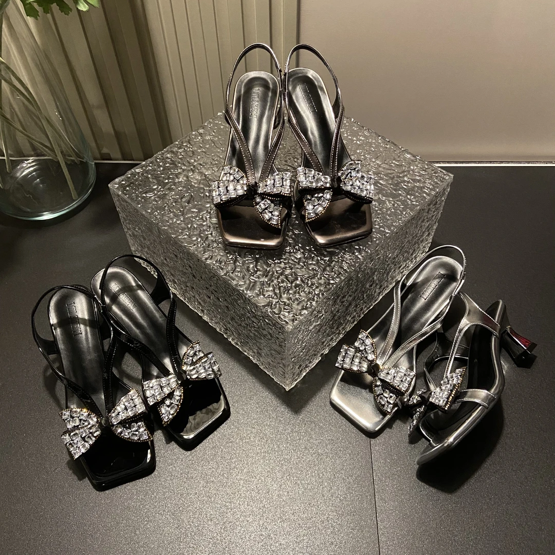 【现现】春夏新款网红设计感水钻蝴蝶结百搭轻奢风爆款女高跟鞋-6CM