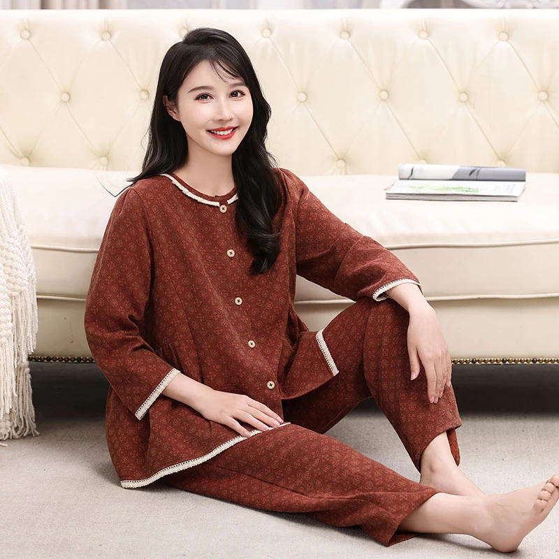 女士全棉八分袖长裤春夏款睡衣套装薄款休闲外穿家居服