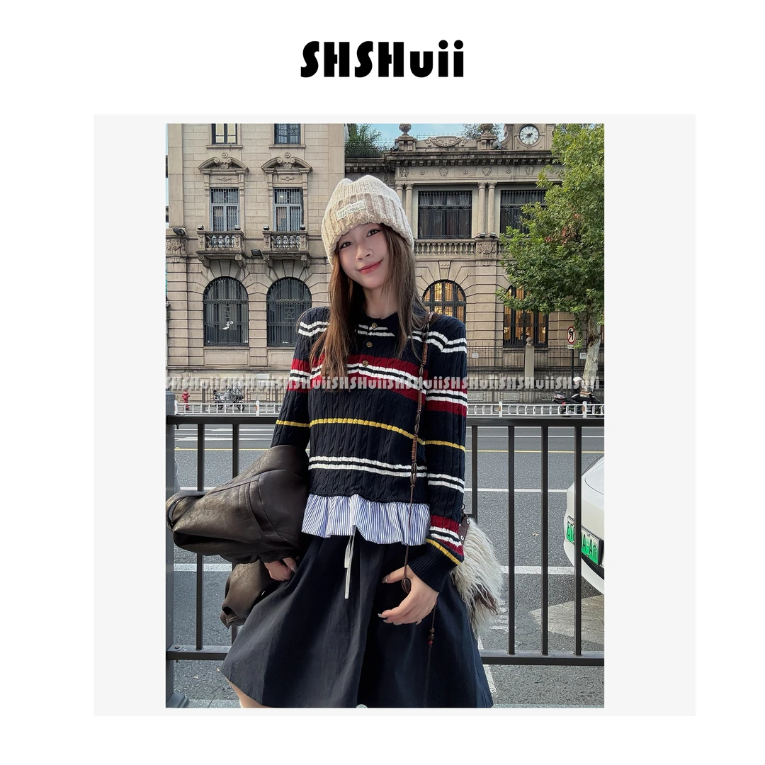 IN.SHuii【彩虹的微笑】拼接条纹针织POLO领毛针织衫毛衣/ffgs