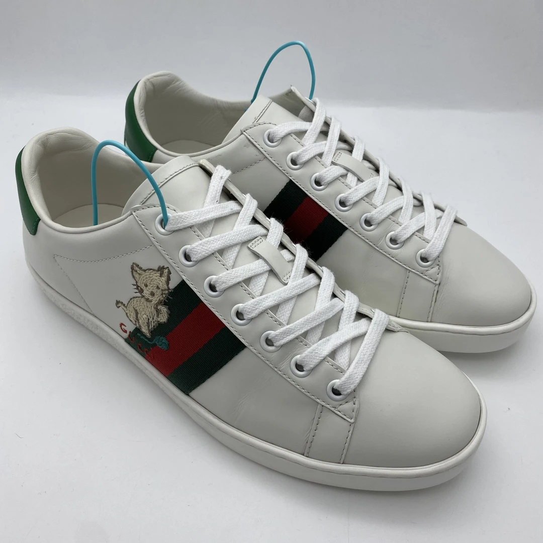 95新 GUCCI/古驰 37.5欧码/白色猫咪小猪刺绣红绿织带休闲板鞋