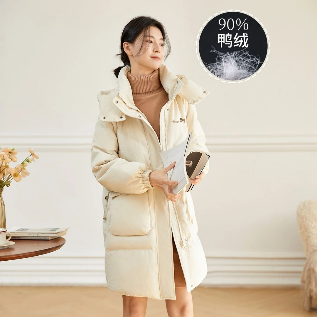 茵曼2025年冬季新款中长款修身羽绒服连帽纯色保暖加厚休闲外套女