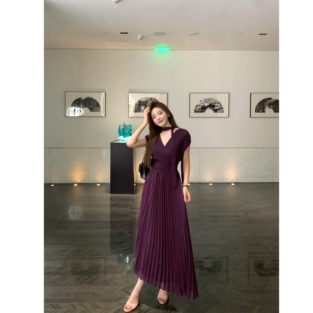 SZA【清冷葡萄】夏季海边度假风绝美气质修身显瘦飘带连衣裙A-1751