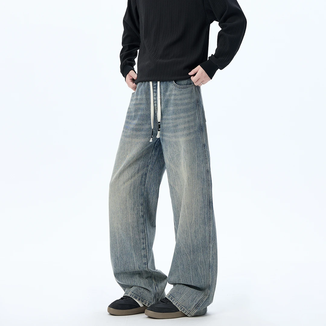 美式水洗做旧牛仔裤男秋季高街百搭痞帅长裤潮牌宽松抽绳直筒裤子